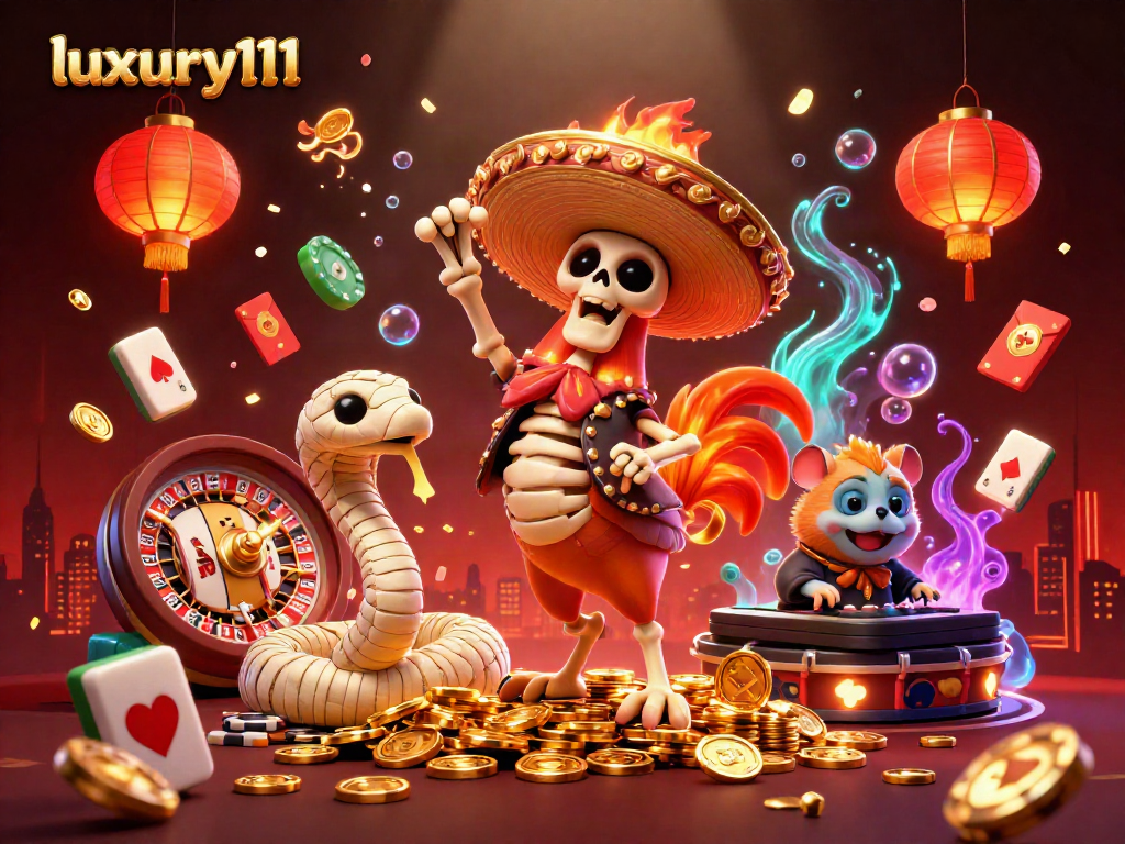 Engaging scene showcasing luxury111 with a dynamic victory dance by a mariachi rooster amidst glowing casino themes.