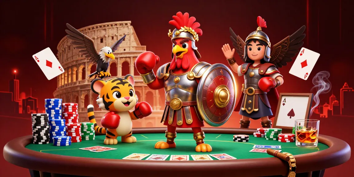 Experience exhilarating gameplay with go88 as the rooster gladiator faces off in a vibrant poker arena.