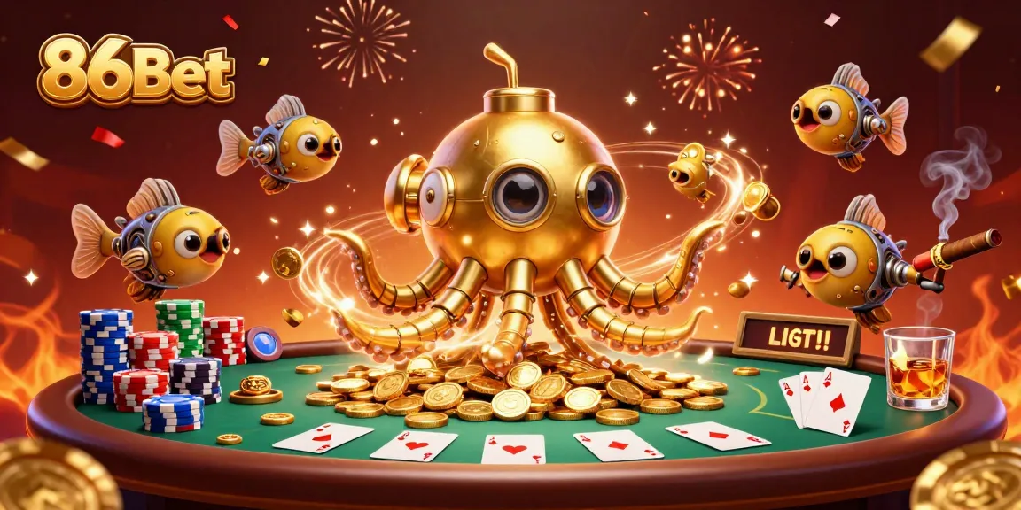 Experience the excitement of 86Bet with a dynamic 3D casino illustration showcasing winning poker elements.