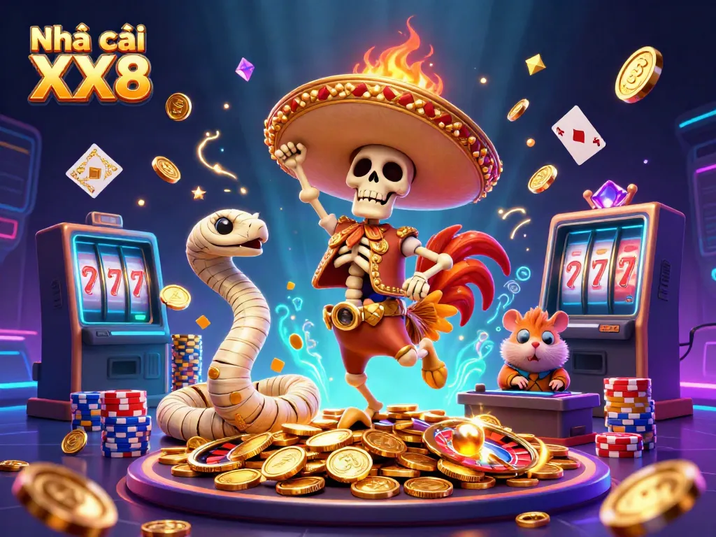Engage in exciting gameplay with Nhà cái XX8, featuring vibrant characters and casino elements.
