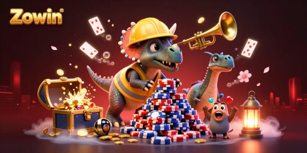 Zowin celebrates with vibrant 3D characters building poker chips skyscrapers amid treasure and magic.