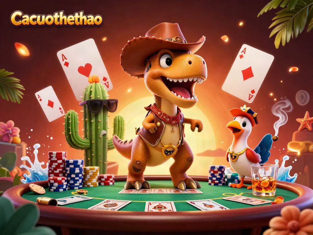 Cacuocthethao showcases thrilling sports betting action with a dinosaur, cactus, and roadrunner at the poker table.