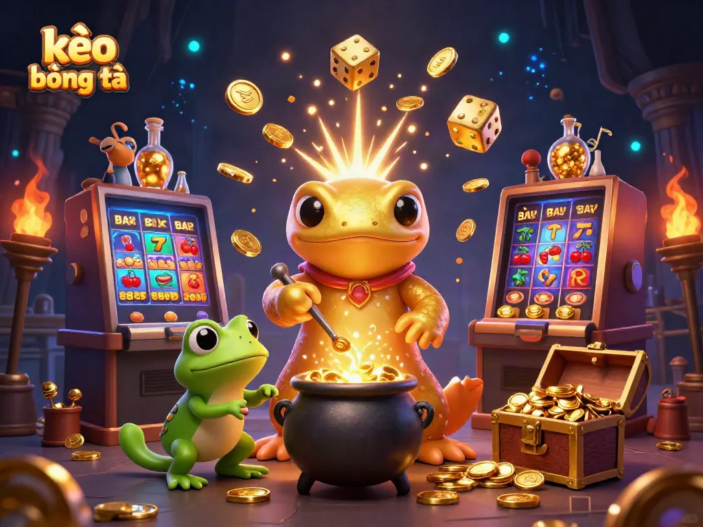 Kèo bóng đá showcases a dynamic scene with a golden salamander alchemist and magical casino elements, enhancing the betting experience.