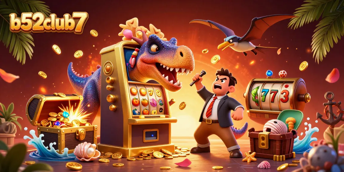 B52Club7 showcases a thrilling jackpot scene with a playful pachycephalosaurus and casino elements.