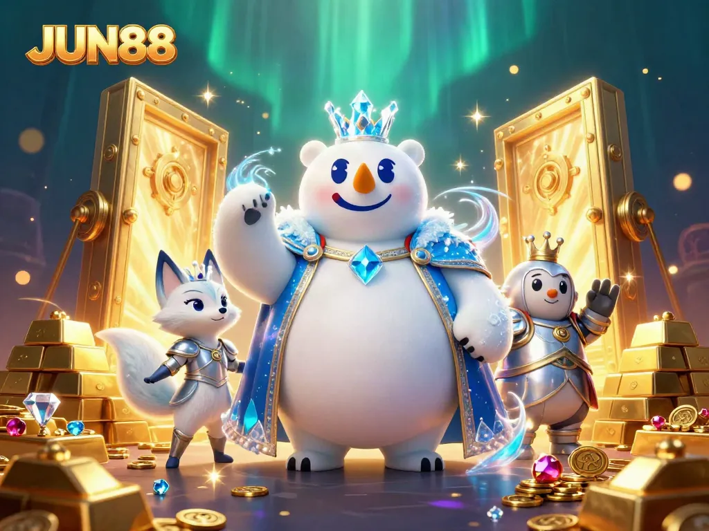 Experience the excitement of JUN88 with treasures, games, and magic in a vibrant 3D casino illustration.
