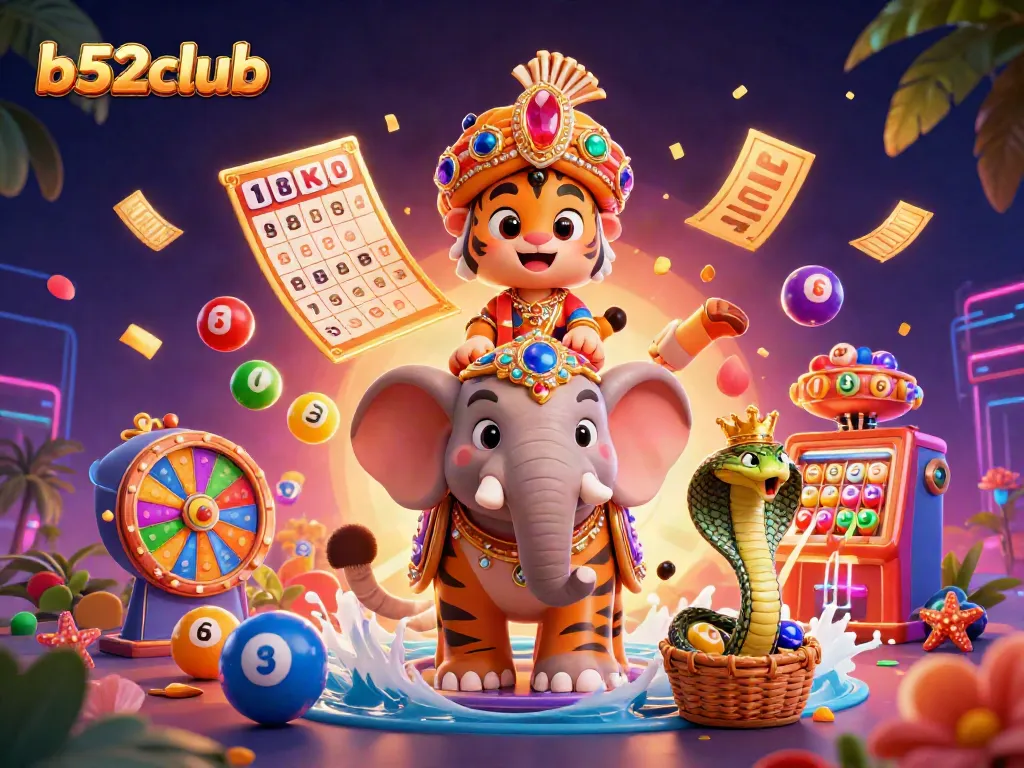 Bets at b52club with vibrant lottery balls, a jewel elephant, and a majestic tiger in an engaging casino scene.
