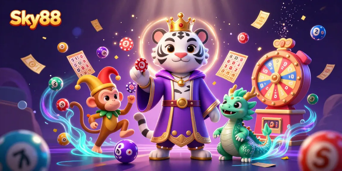 Sky88 captivates players with vibrant lottery-themed illustration featuring dynamic games and excitement.