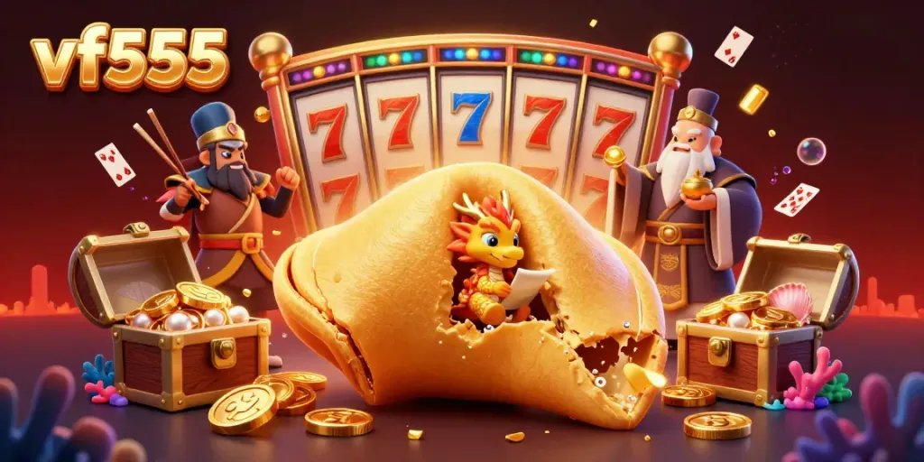 Venture into the vibrant world of vf555 with a 3D illustration featuring a golden fortune cookie scene filled with casino elements.