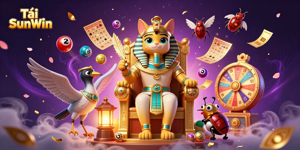 Tải SunWin to explore vibrant casino-themed illustration with Egyptian pharaoh cat and game elements