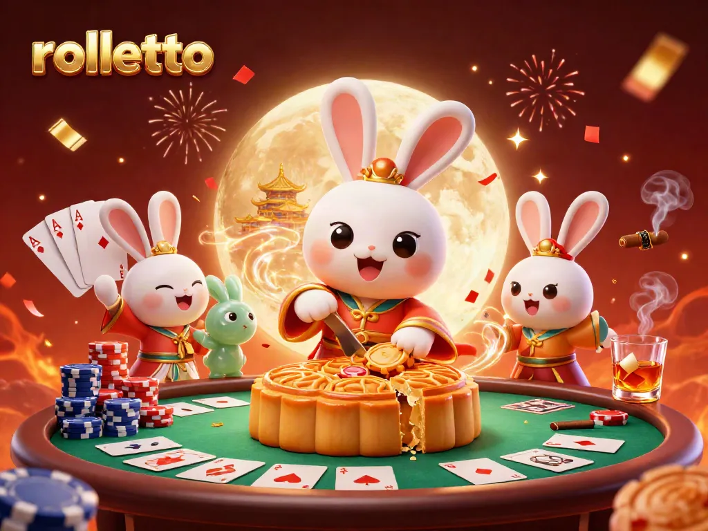 Experience the magic of Rolletto with a playful moon rabbit revealing poker chips in an enchanting casino setting.