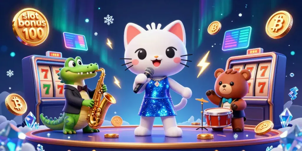 Experience winning thrills with slot bonus 100 in this vibrant 3D illustration featuring lively casino characters and crypto elements.