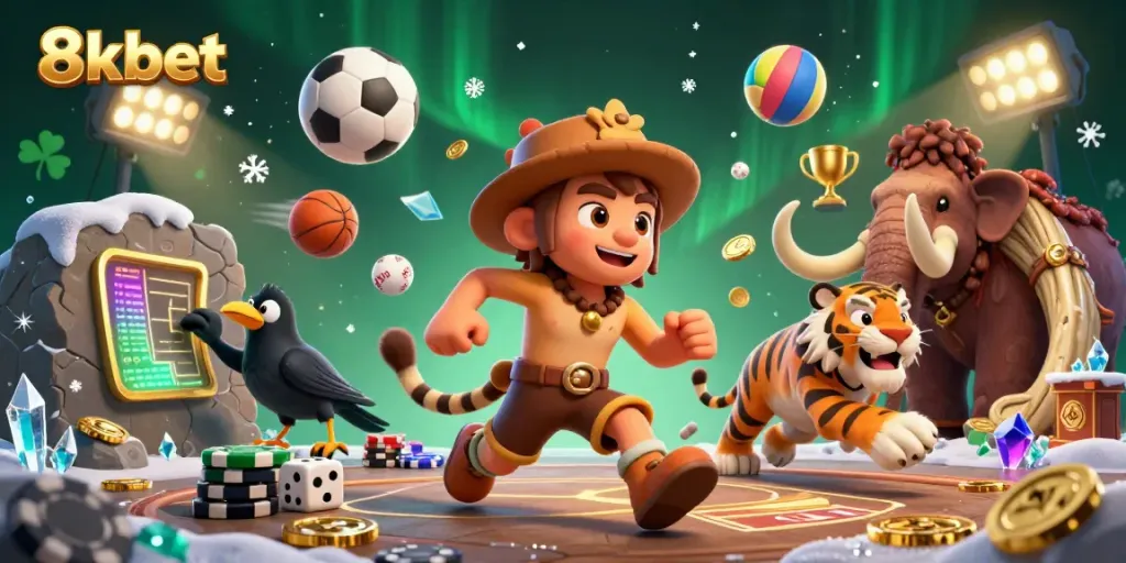 Engage with the lively 8xbet casino featuring a cartoon caveman and sabertooth tiger in an exciting gaming atmosphere.