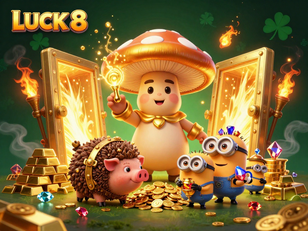 Experience the magic of LUCK 8 with golden treasures and enchanting characters in vibrant casino-themed illustration.