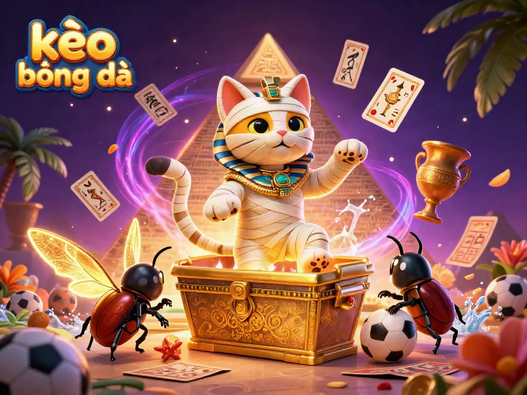 Engage in kèo bóng đá action with an Egyptian mummy cat amidst vibrant sports betting elements and energized atmosphere.