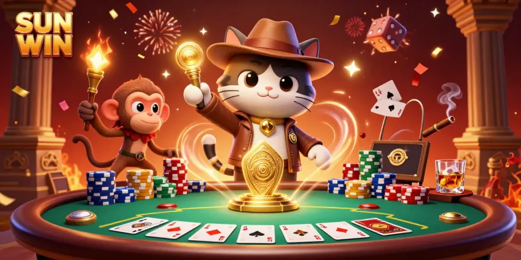 Engage with thrilling adventures in SUN WIN's 3D casino universe, showcasing an archaeologist cat finding treasures.