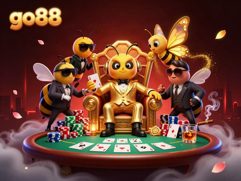 Engage in gaming excitement at go88 with a dynamic, vibrant casino scene featuring unique characters.