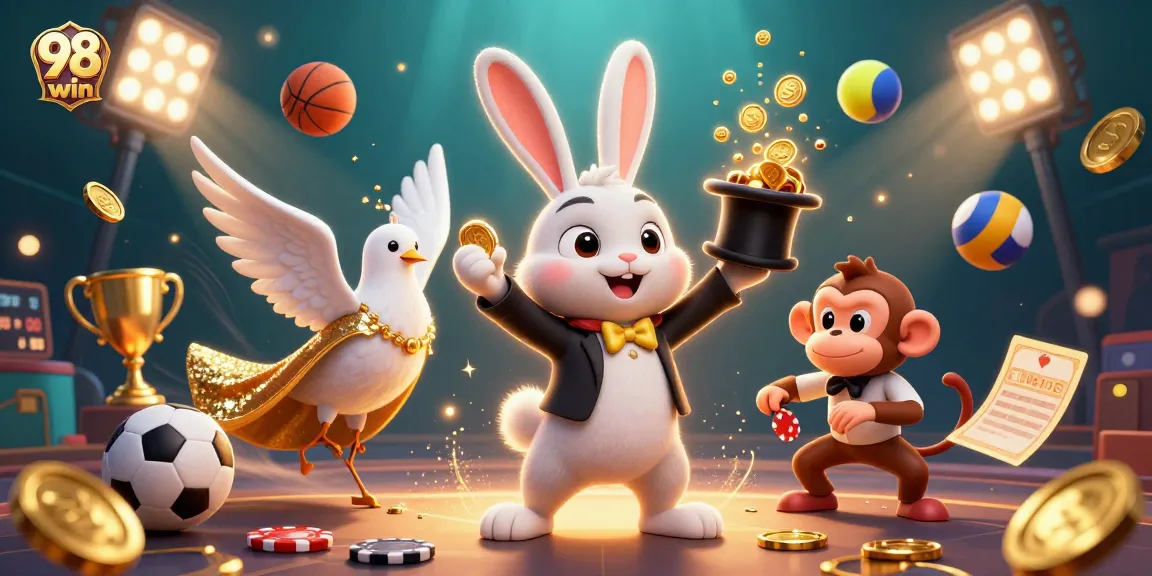 Engage with the thrilling world of 98 win as the magician rabbit conjures coins, surrounded by dynamic sports action.