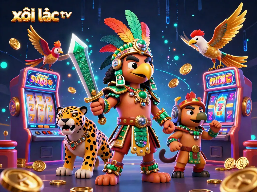 Spin winning reels at xôi lạc tv, featuring Aztec warriors among vibrant casino elements.