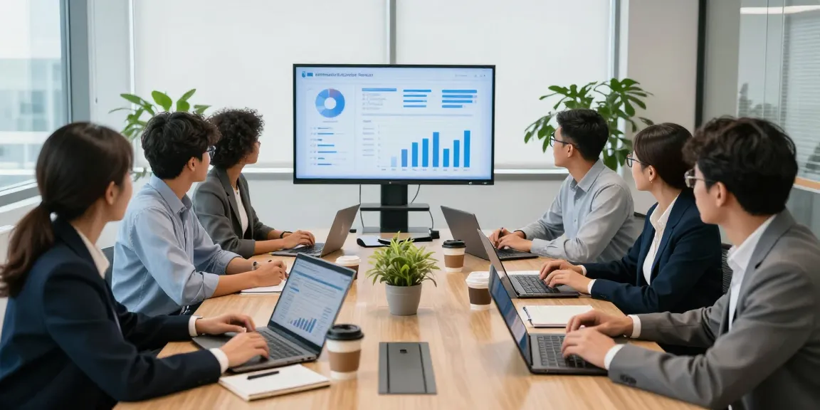 A team discussing international bolt on options in a modern office.