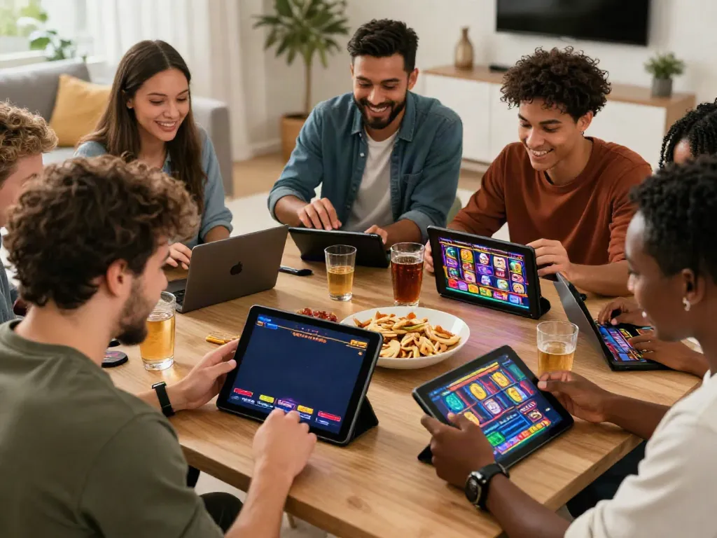 Friends enjoying online casinos not on GamStop in a cozy living room.