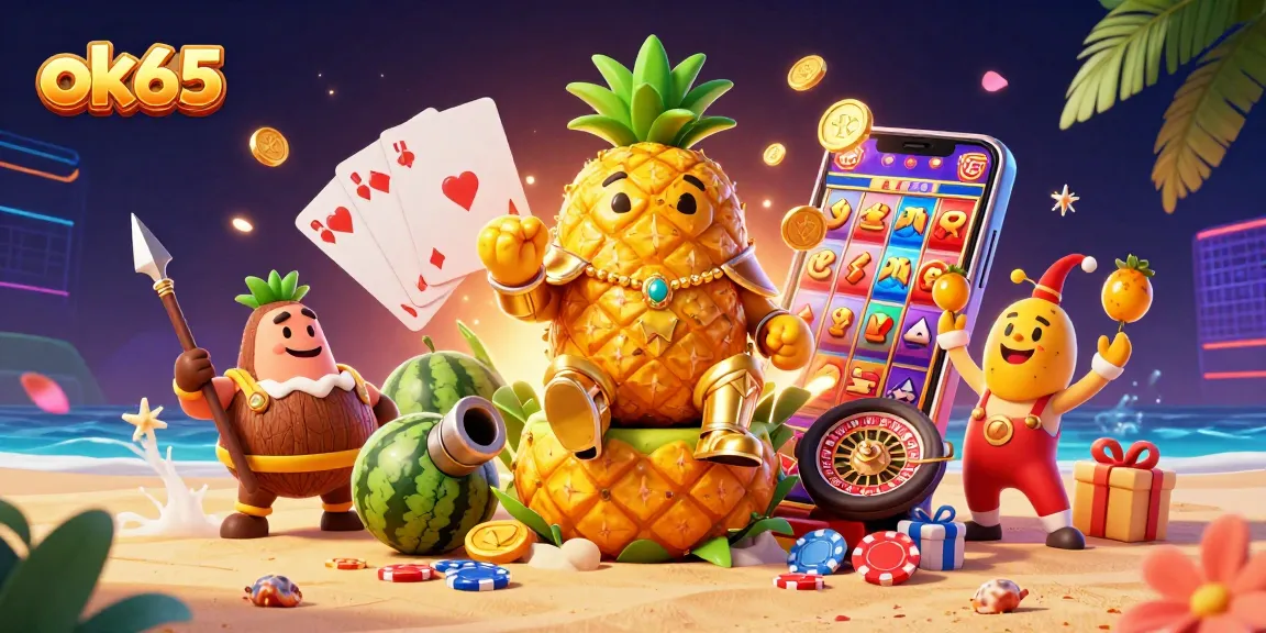 Win big with ok65 at an exciting casino scene featuring vibrant slot games and playful characters.