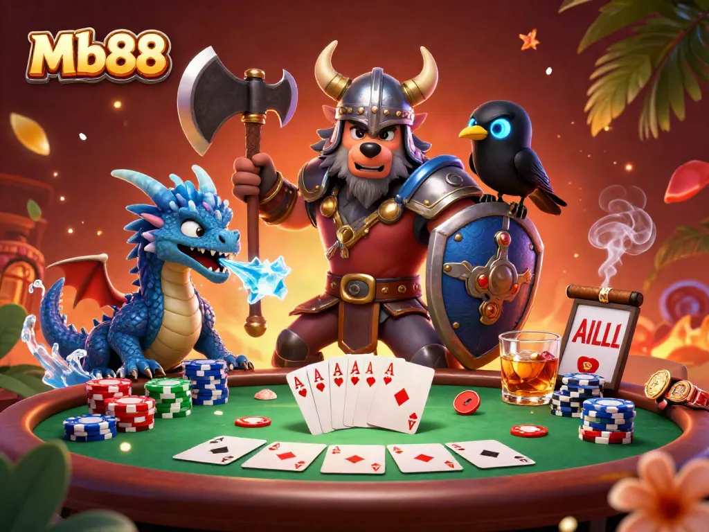 Engage in thrilling card games at Mb88 with dynamic poker scene featuring Viking warrior and dragon.