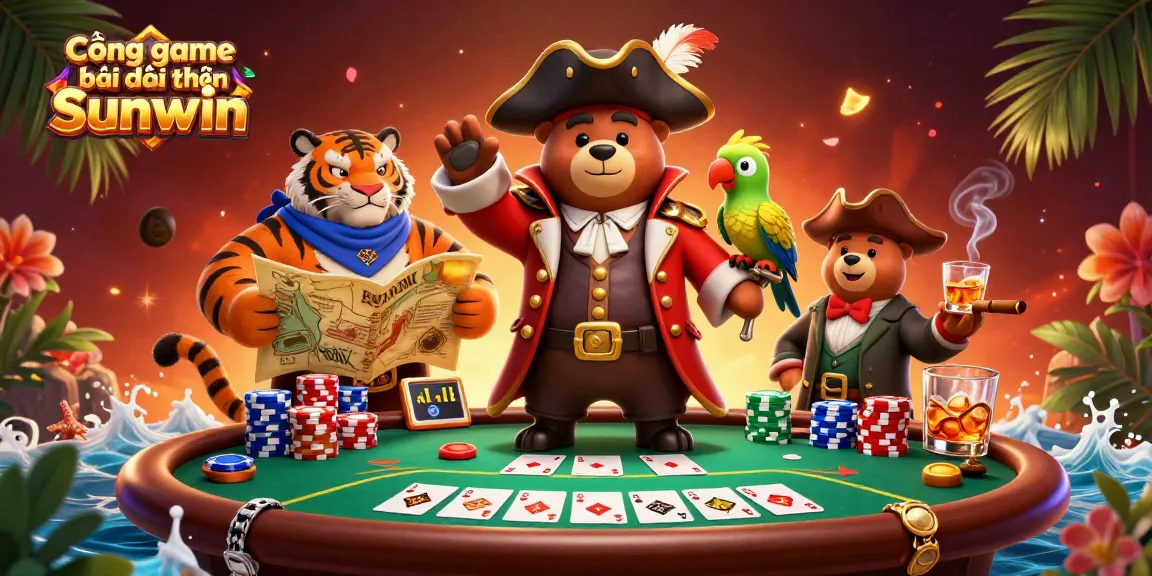 Cổng game bài đổi thưởng Sunwin: A vibrant digital scene with a pirate bear, tiger, and gold parrot playing poker.