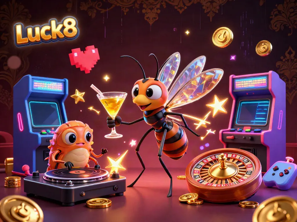 Experience the vibrant world of Luck8 with a bustling casino scene featuring dynamic 3D characters and rich gaming elements.