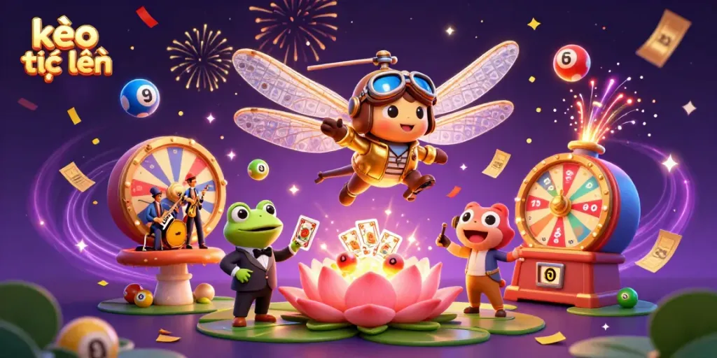 Experience kèo trực tuyến excitement with a lively casino scene showcasing a dragonfly pilot and frog croupier.