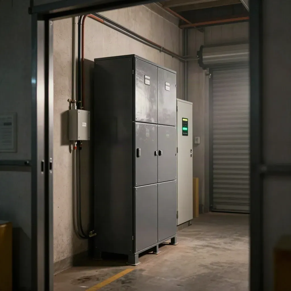 Warehouse battery stack with tidy conduit and shutter door in a calm evening plant room.