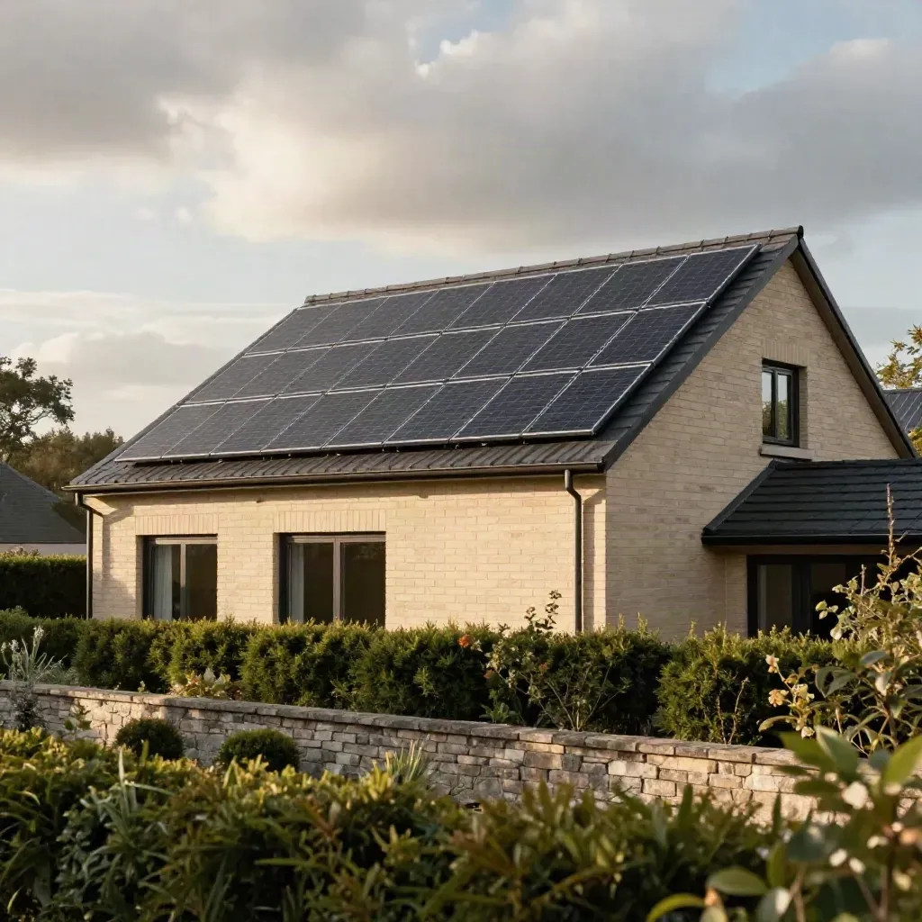 Low-angle view of a modern house roof with solar panels and clipped hedges under bright cloud break.
