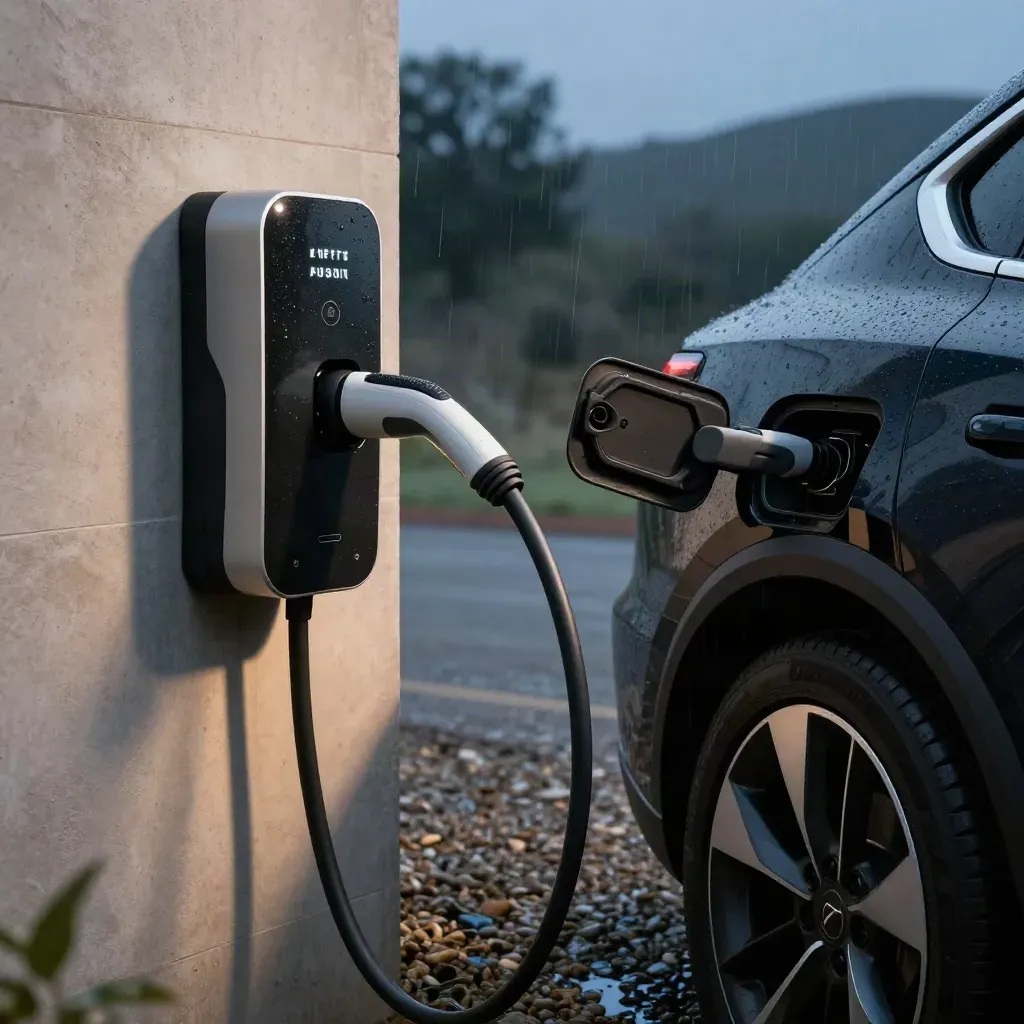 EV charger connected to a parked electric SUV on a wet gravel drive at blue hour.