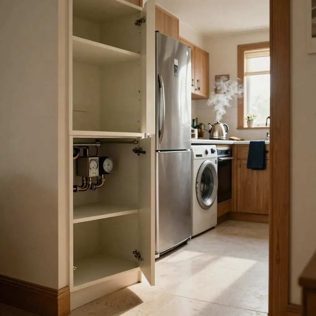 Open utility cupboard by a quiet kitchen with fridge, washing machine and steaming kettle in late afternoon.