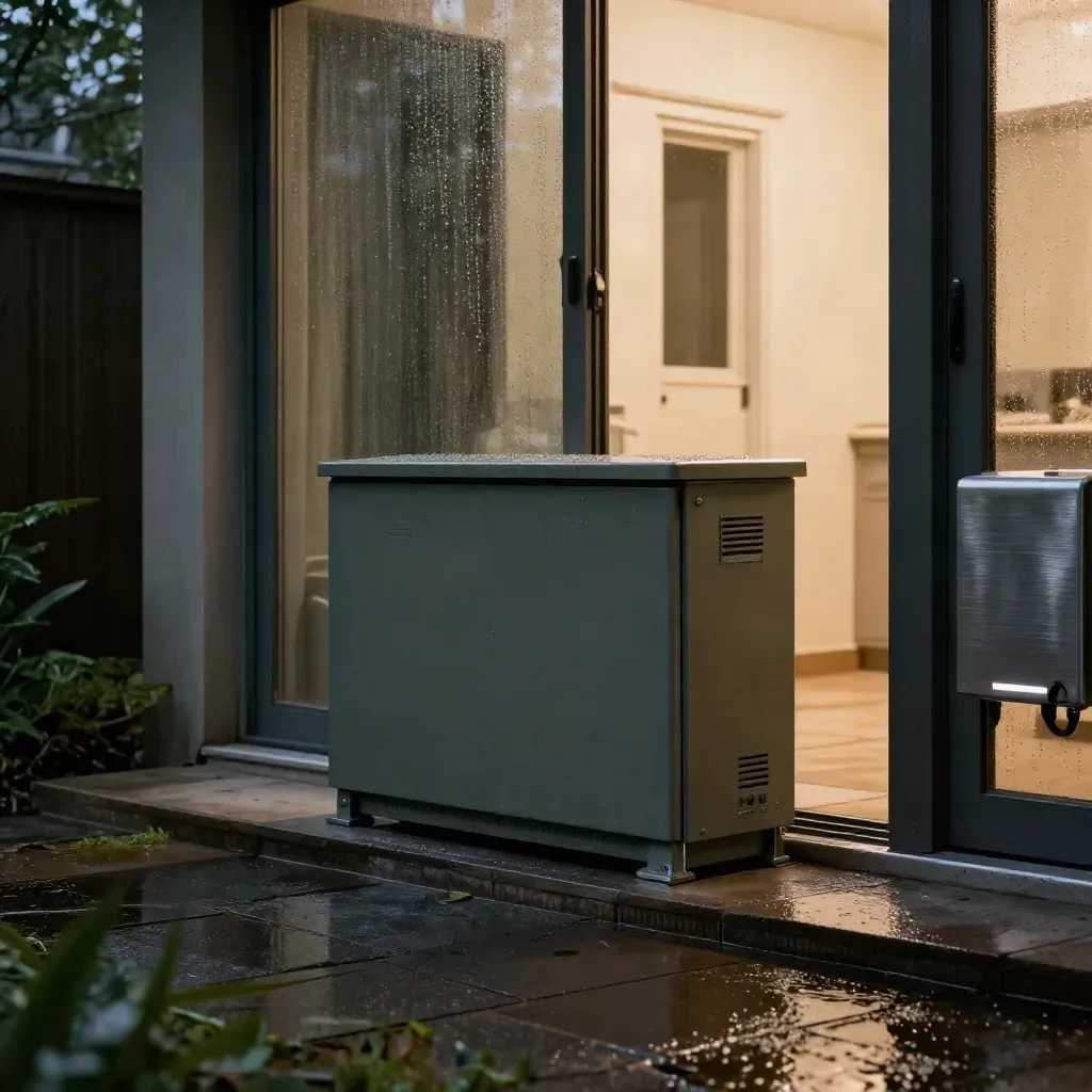 Home battery beside a dark garden doorway with warm light inside after a power cut
