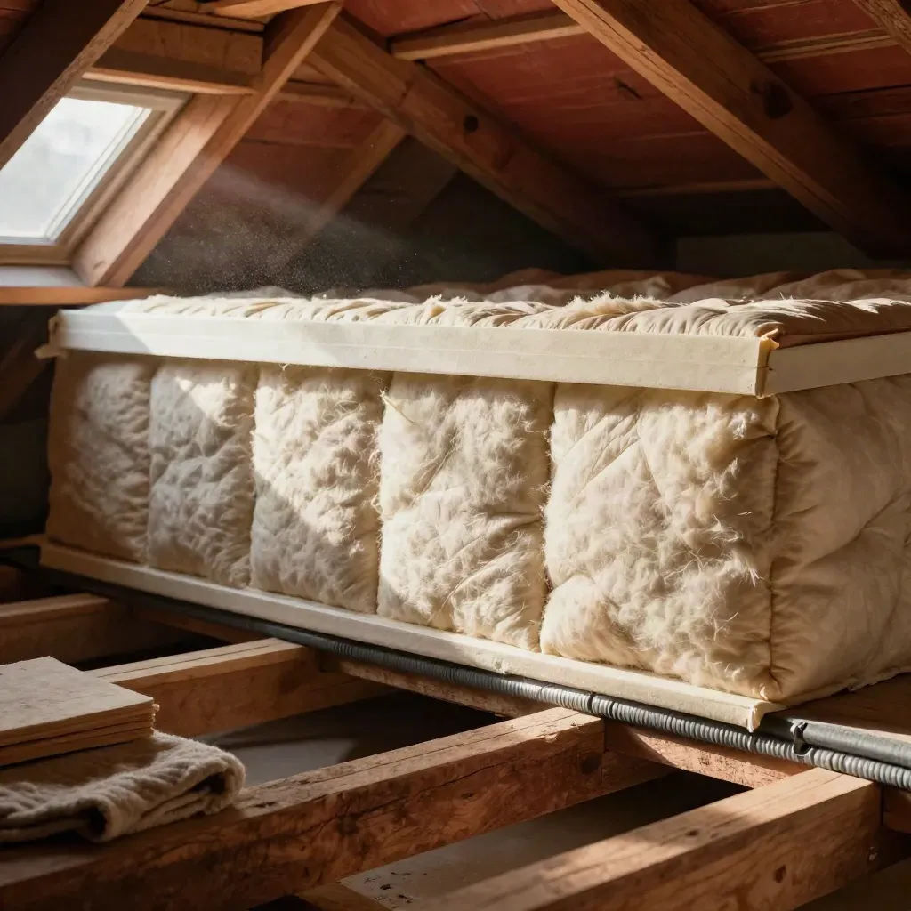 UK attic insulation upgrade with pipe lagging, sealed hatch and wool blanket in sun