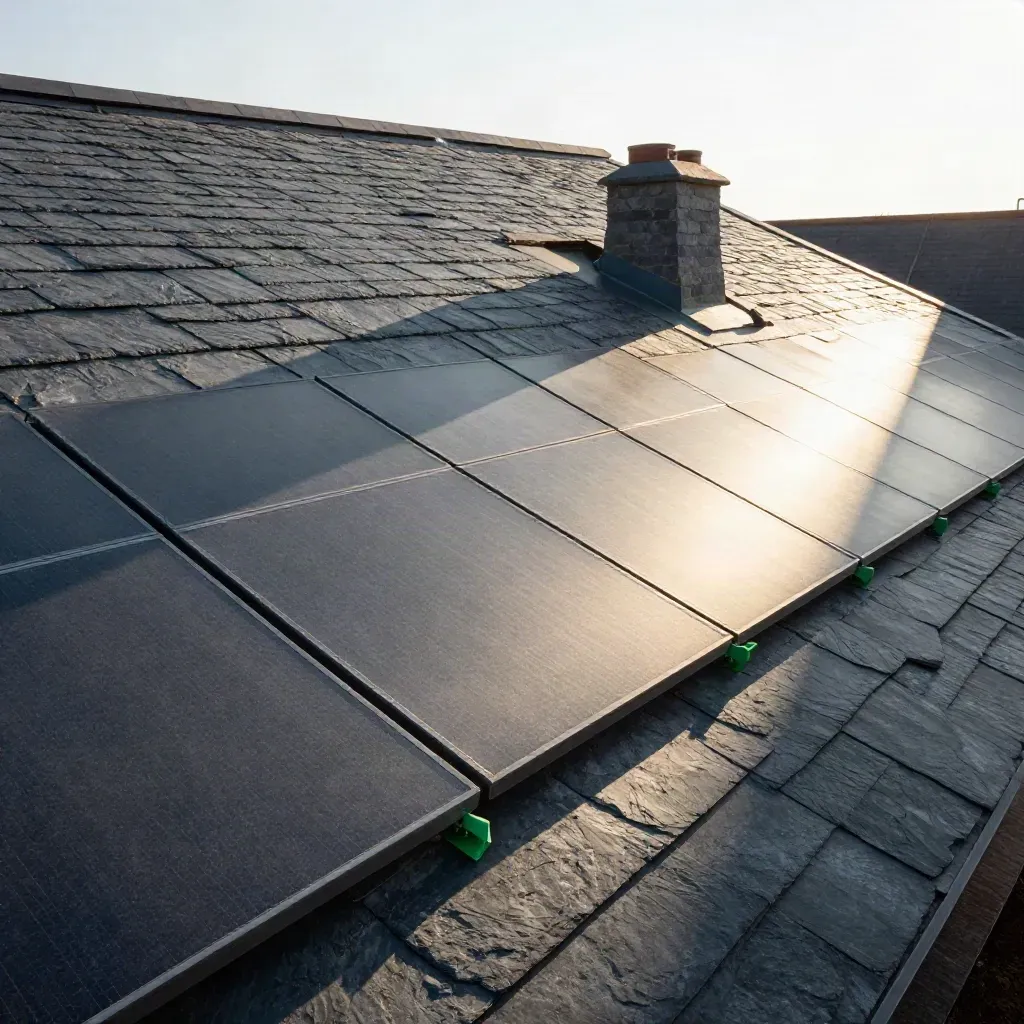 South-facing slate roof plane with solar panel spacing and chimney shadow in bright 3:40 pm light