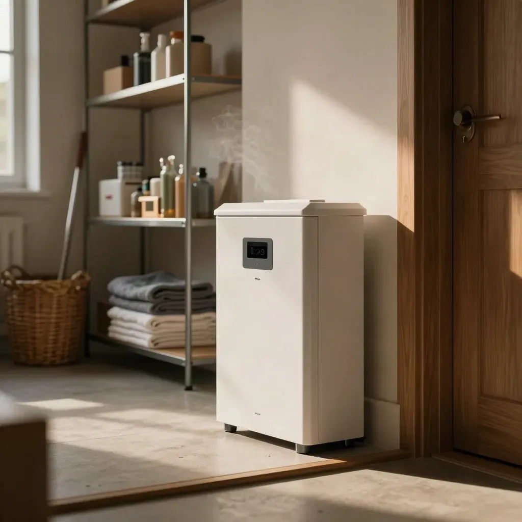 Home battery beside a consumer unit in a tidy utility room at dusk.
