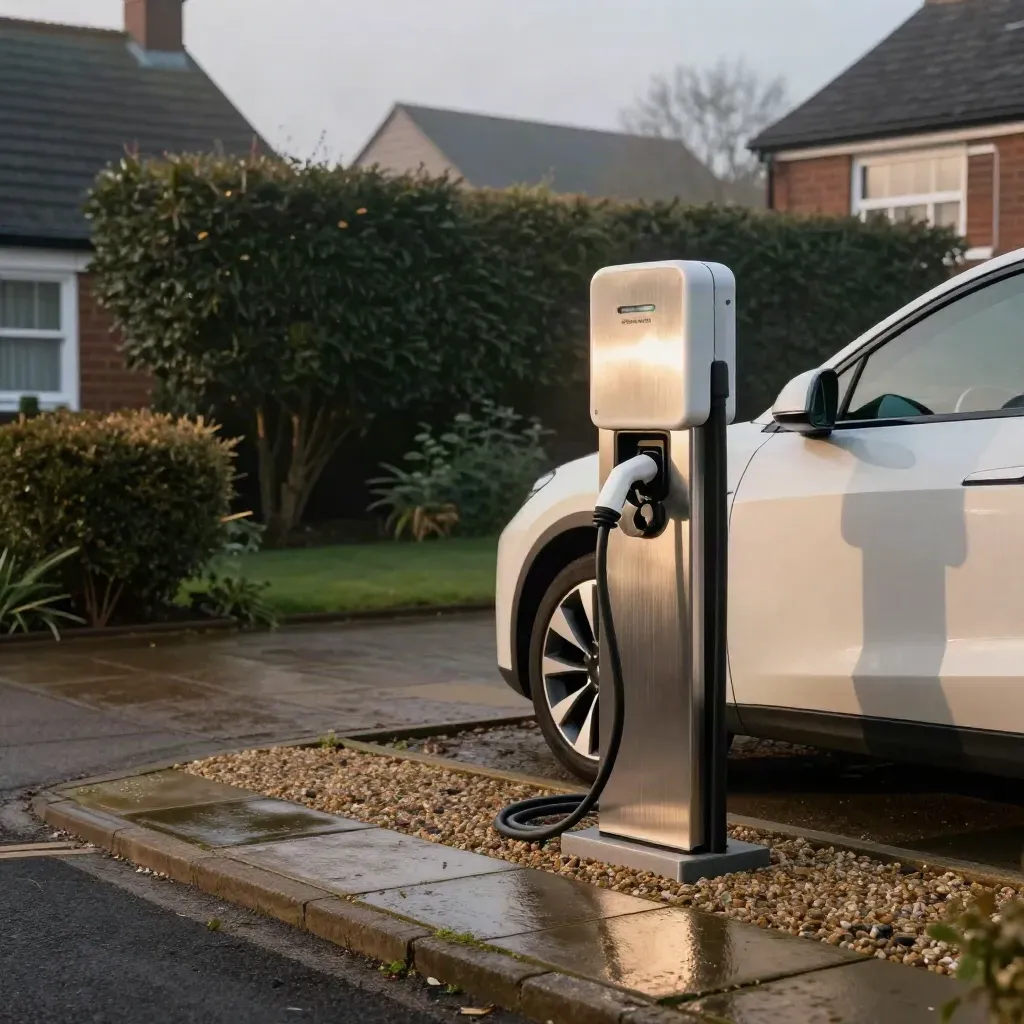 EV charger on a misty Midlands driveway beside an electric car, cable settling as charging begins.
