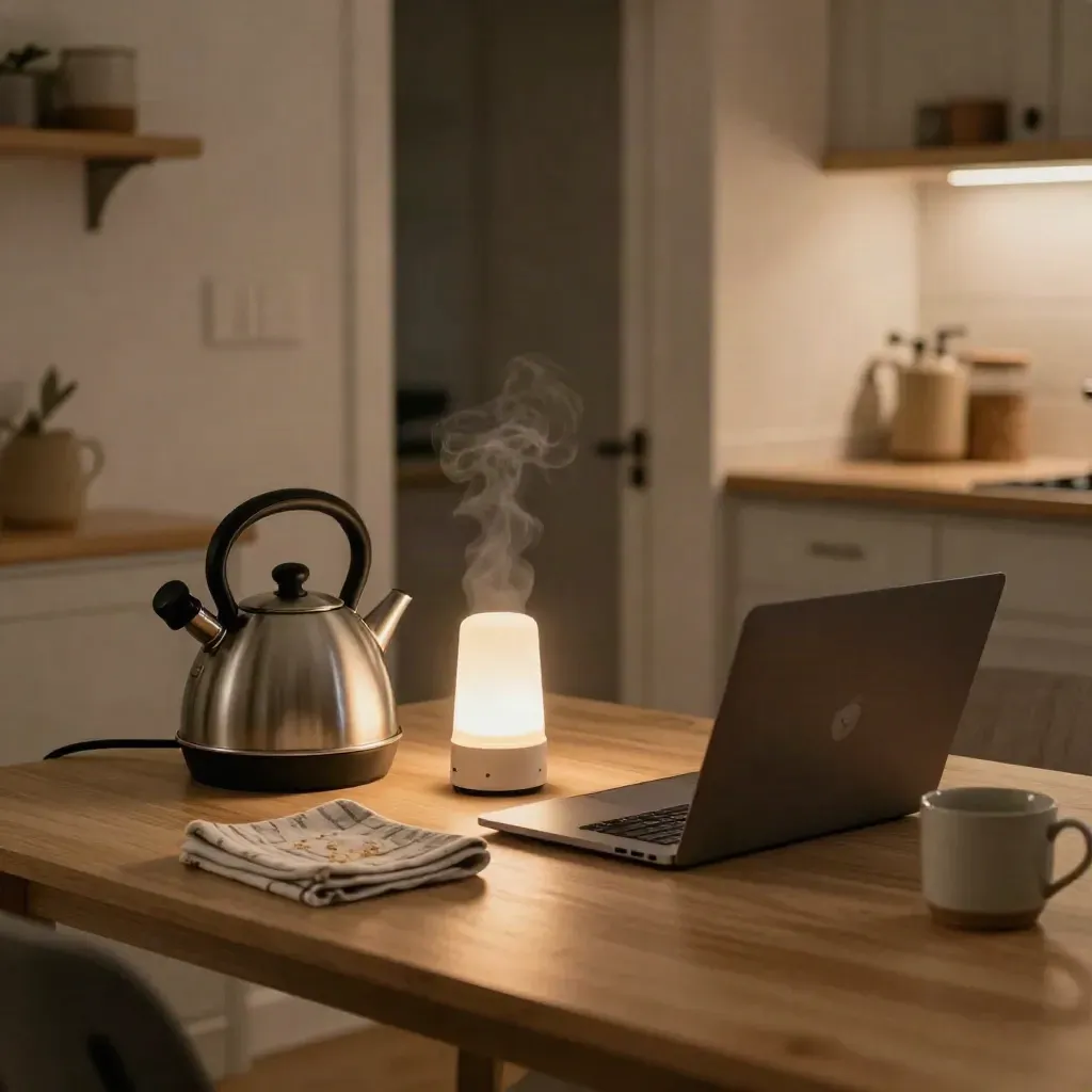 Warm kitchen corner with kettle, battery lamp and closed laptop by a utility doorway.