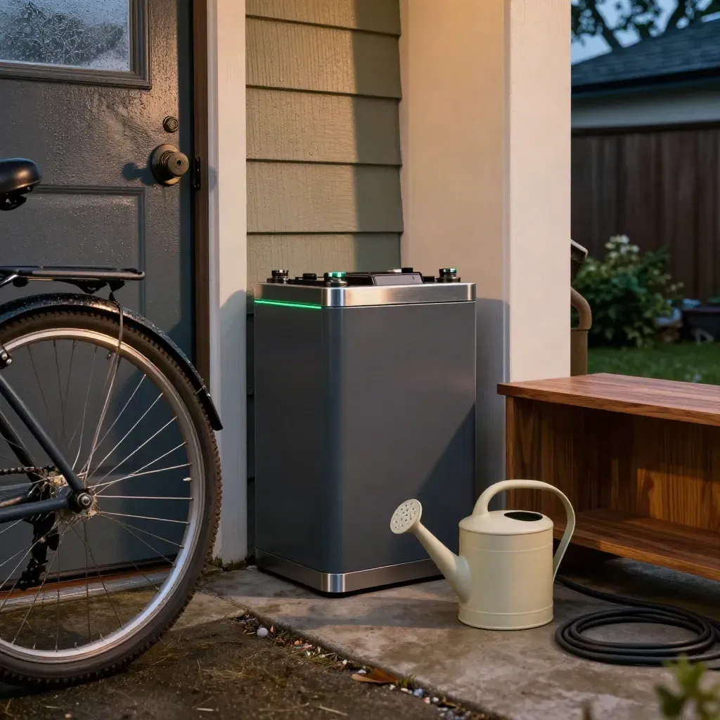 Battery stack glowing in a damp South East garage beside a bike and watering can at dusk