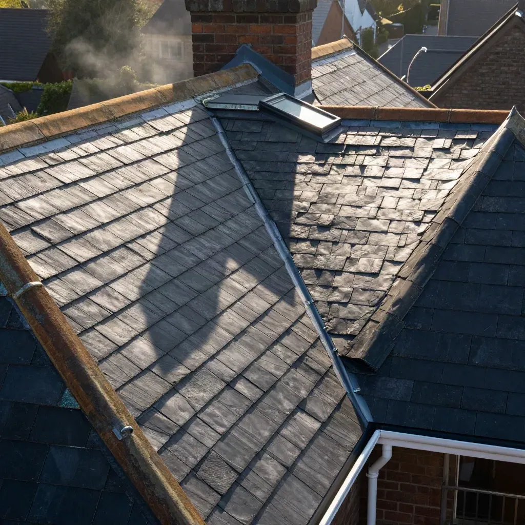 Overhead UK roof with chimney, skylight and sun shadows revealing best solar planes.