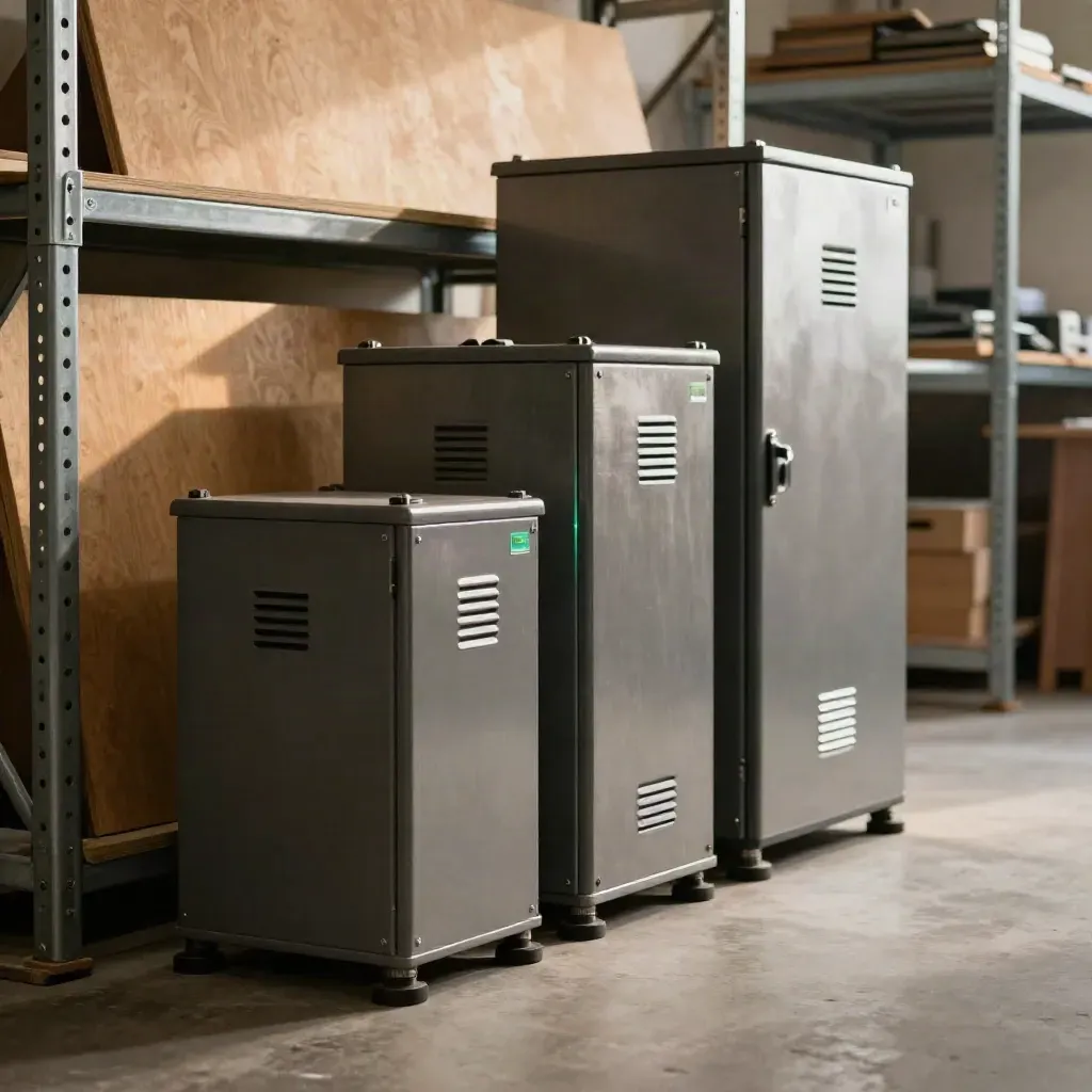 Three battery storage modules lined up by size in a workshop aisle, lit by warm morning sun.