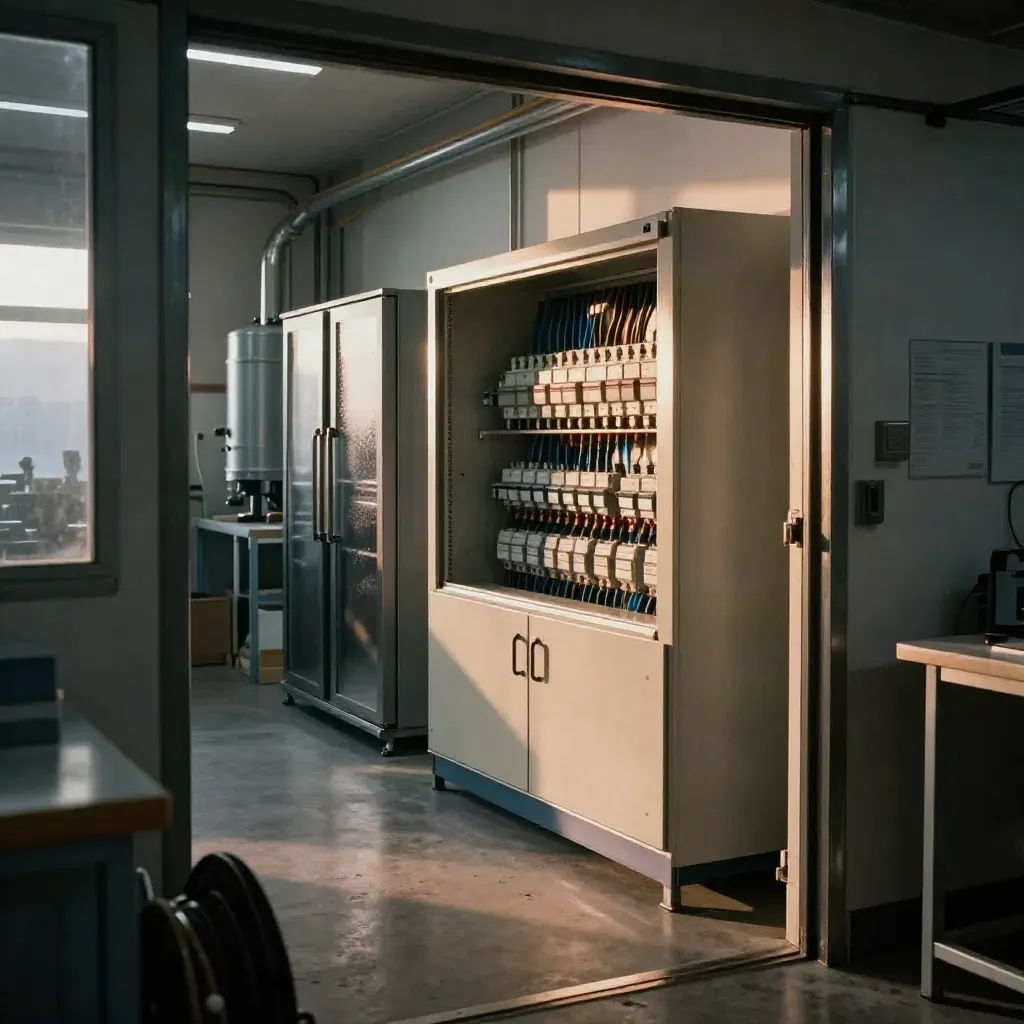 SME workshop back room with boilers, fridges and an open meter cupboard in cool dawn light.