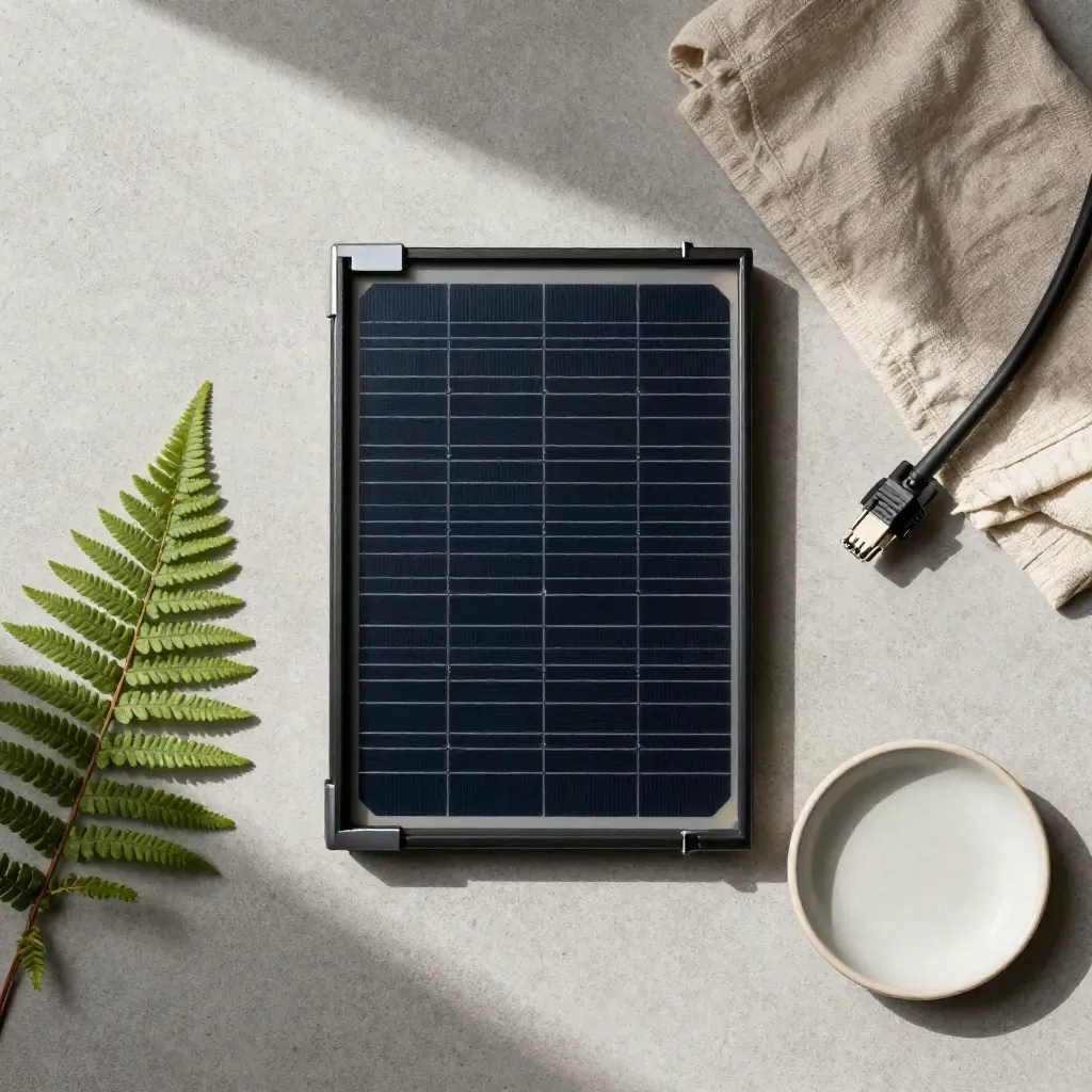 Solar panel corner with clips, cable, fern, linen and ceramic dish on concrete.