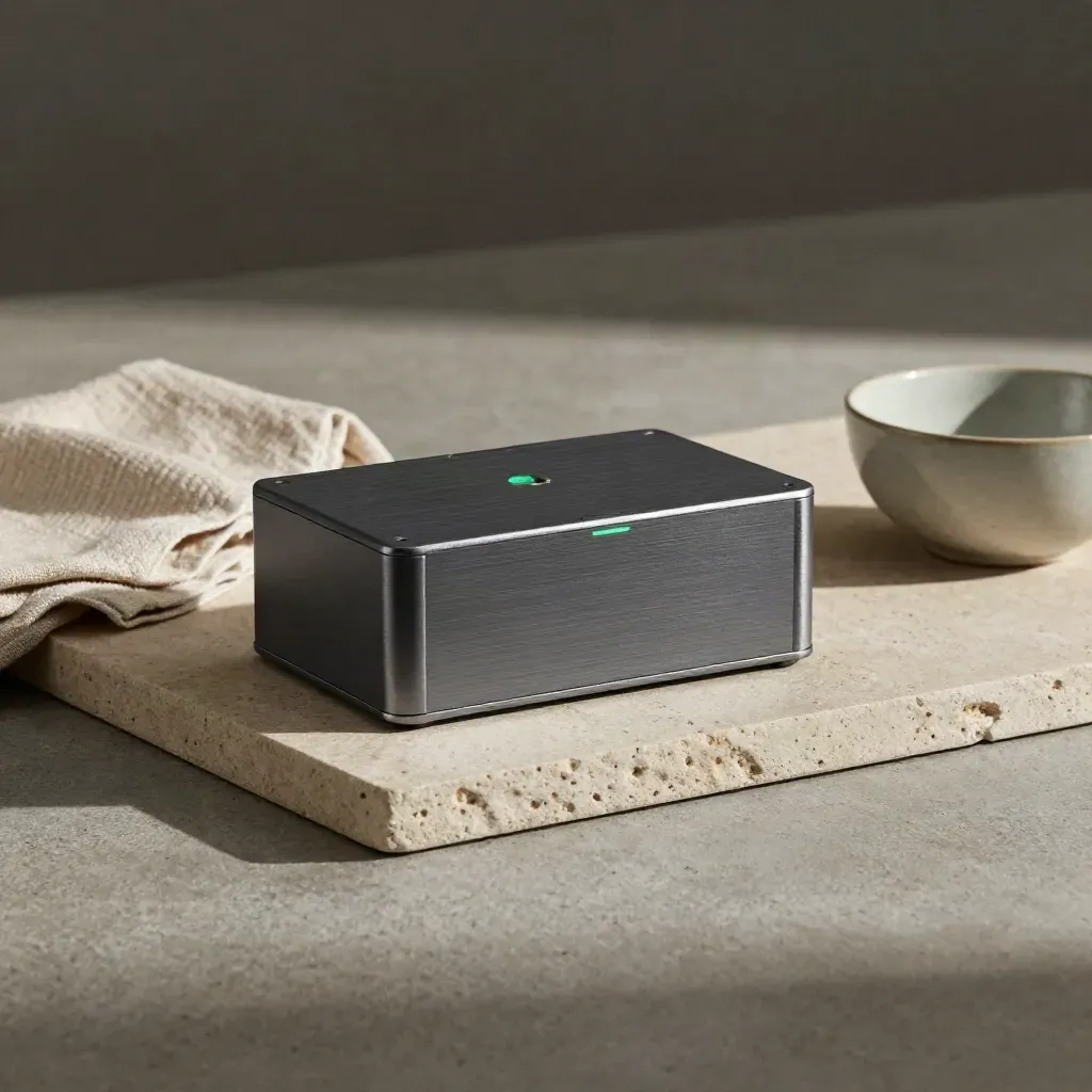 Compact battery module on stone tray with cloth and ceramic bowl in soft daylight.