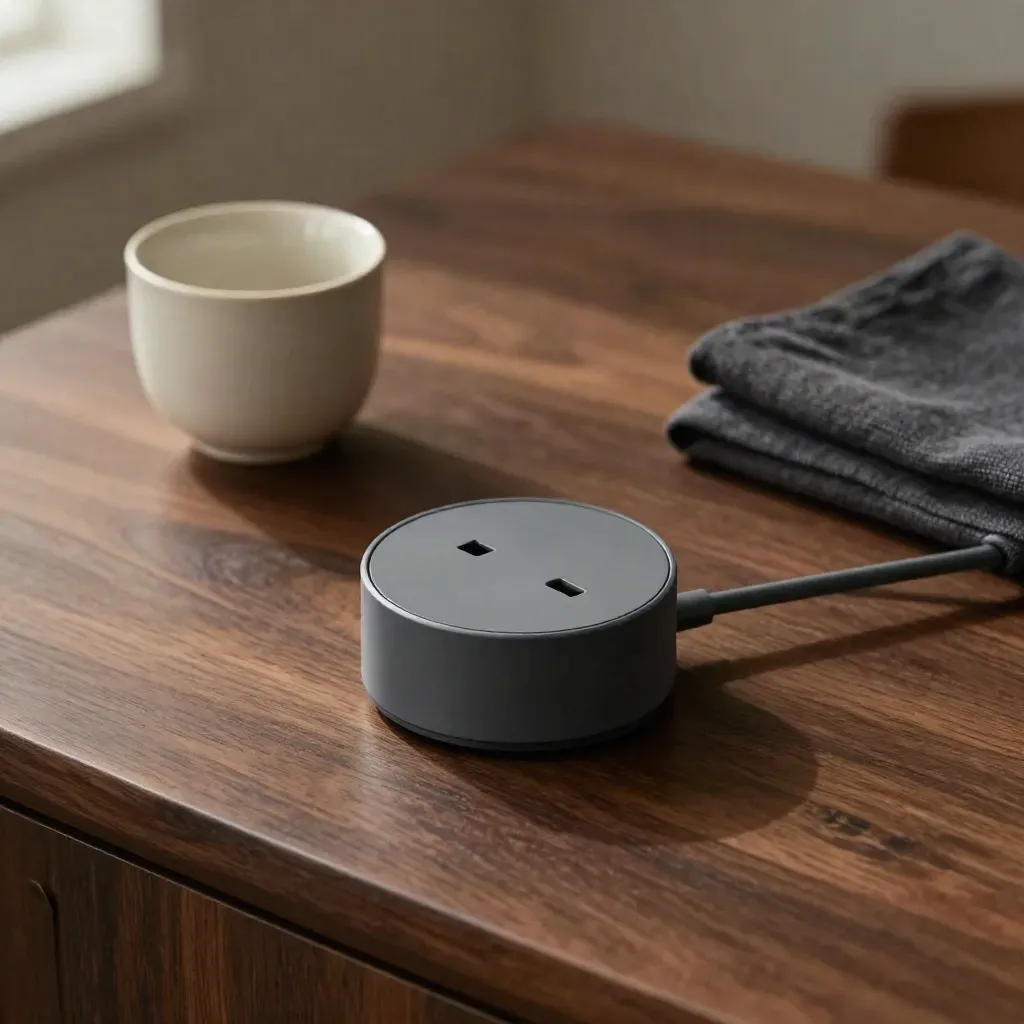 Smart plug, ceramic cup and folded cloth on dark wood for tariff checks.
