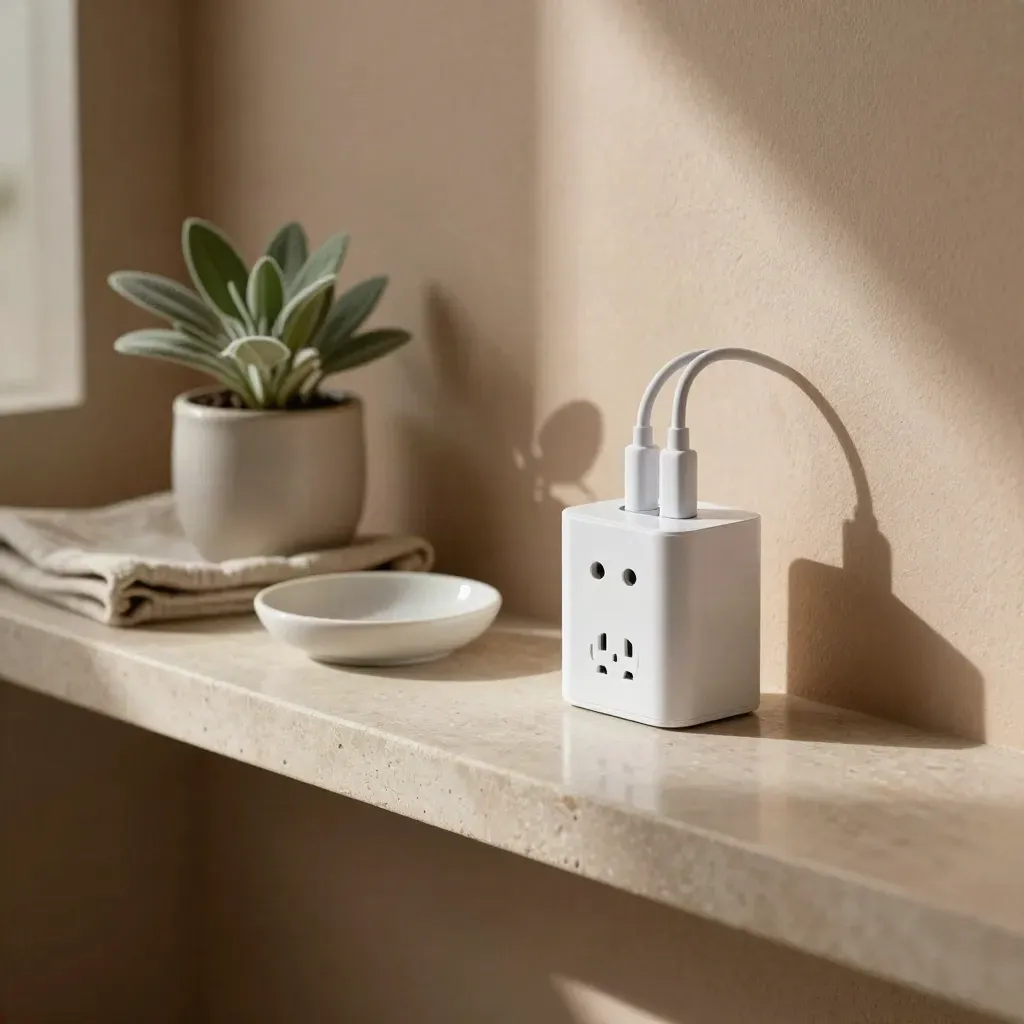 Wall charger docked with cable, plant, linen and ceramic dish on a limestone shelf.