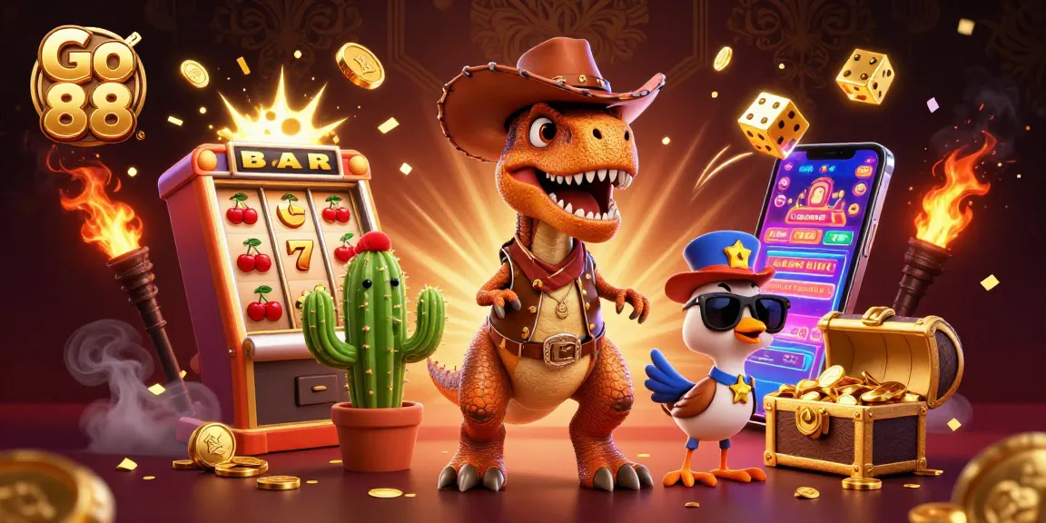 Experience the thrill of Go 88 with a dynamic casino scene featuring vibrant characters and gaming elements.