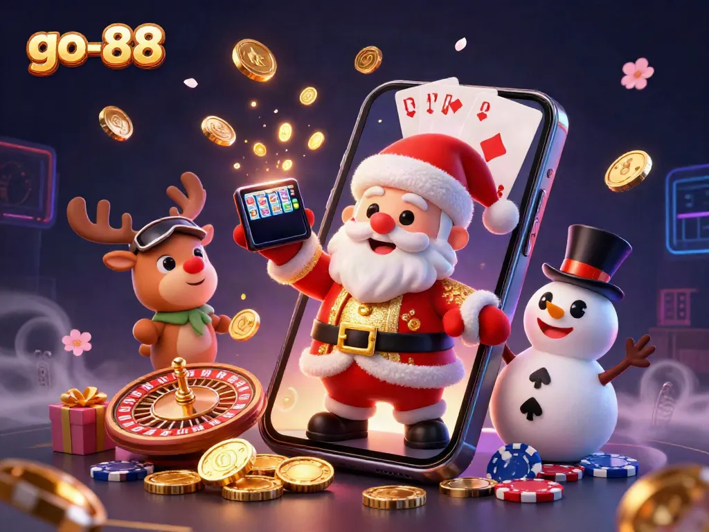 Spin the reels with go-88 as Santa and friends celebrate in a dazzling casino scene filled with jackpots.