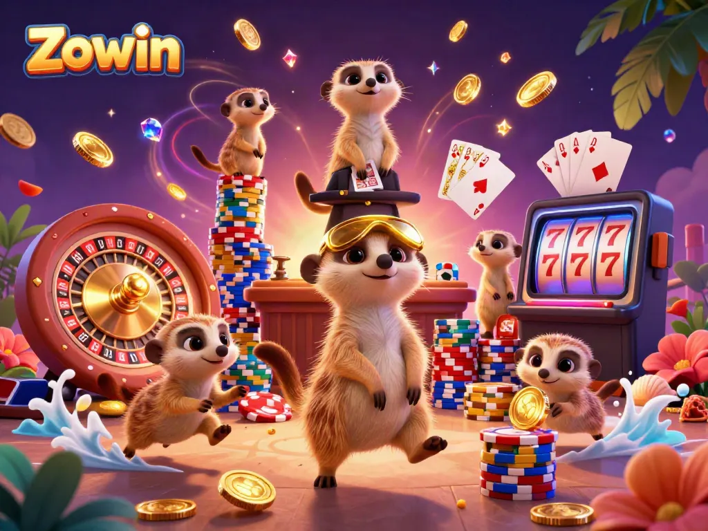 Experience thrilling action with Zowin's vibrant 3D meerkat casino scene complete with games and treasures.